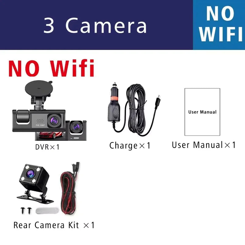 WIFI-3 Camera Dash Cam For Car Camera FHD 1080P Video Recorder Car DVR Front Rear View Camera Night Vision Black Box Car Dashcam