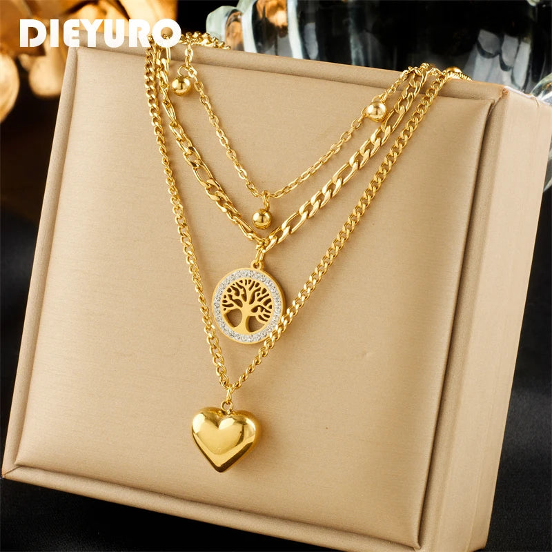 DIEYURO 316L Stainless Steel Gold Color Heart Tree Beads Pendant Necklace For Women Fashion 3in1 Chains Waterproof Girl Jewelry