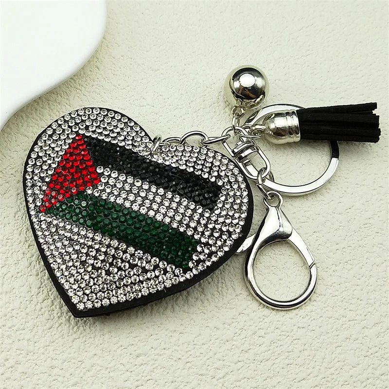 Palestine Flag Full Crystals Heart Shaped Key Chain for Women Men Leather Silver Color Keyring Bag Car Accessories Jewelry Gift