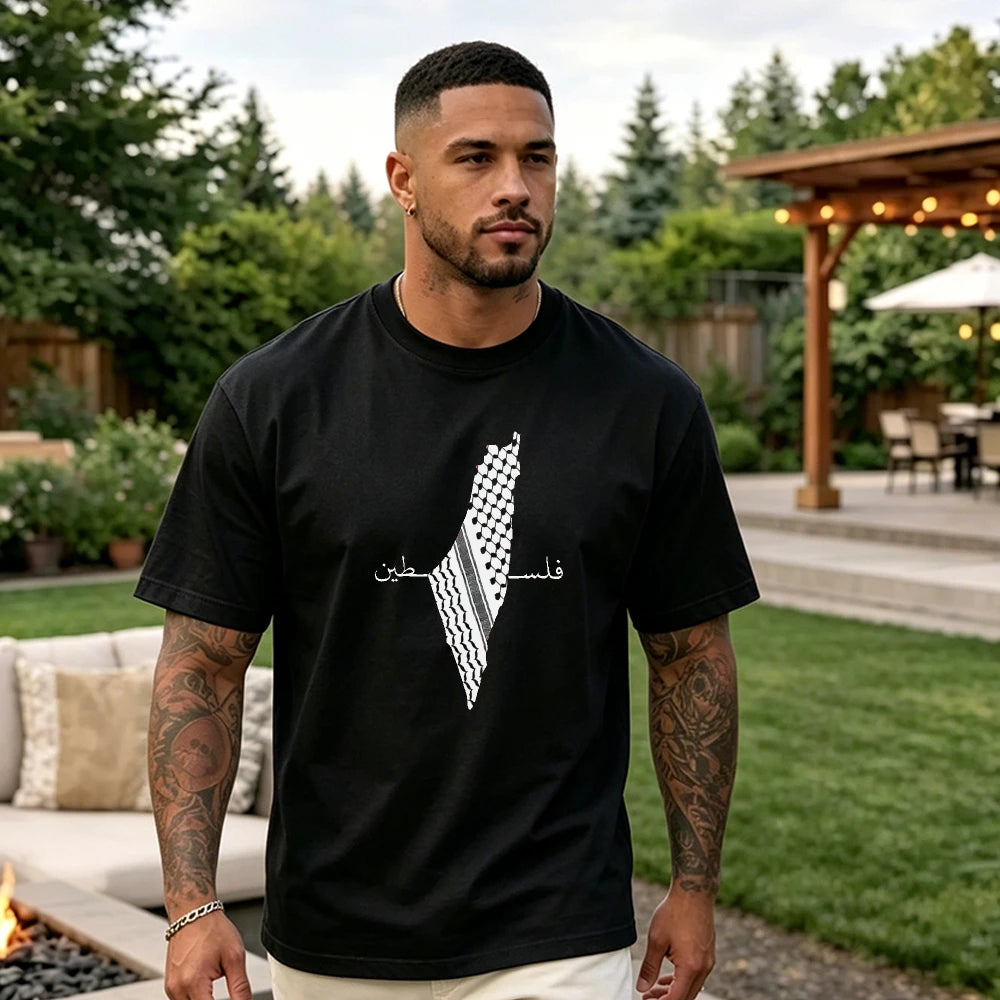 Palestine Keffiyeh Map Arabic Calligraphy Print Cotton T Shirt Men Heritage Patriotic Casual Graphic Tees Summer Men Clothing