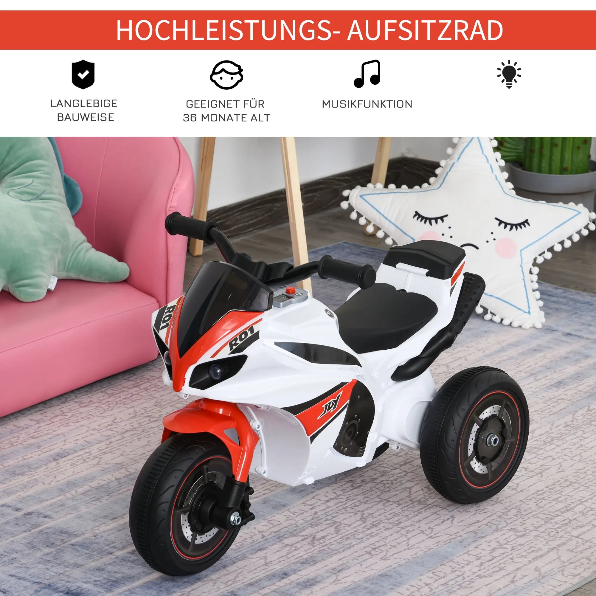HOMCOM impeller, slide, motorcycle, 18-36 months, music/light, up to 20kg, white/red