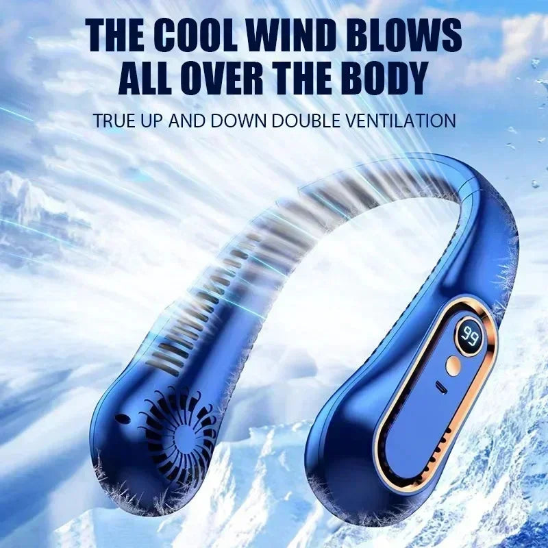 Hanging neck style leafless portable USB charging air cooler comes with 5-speed adjustment and LED display