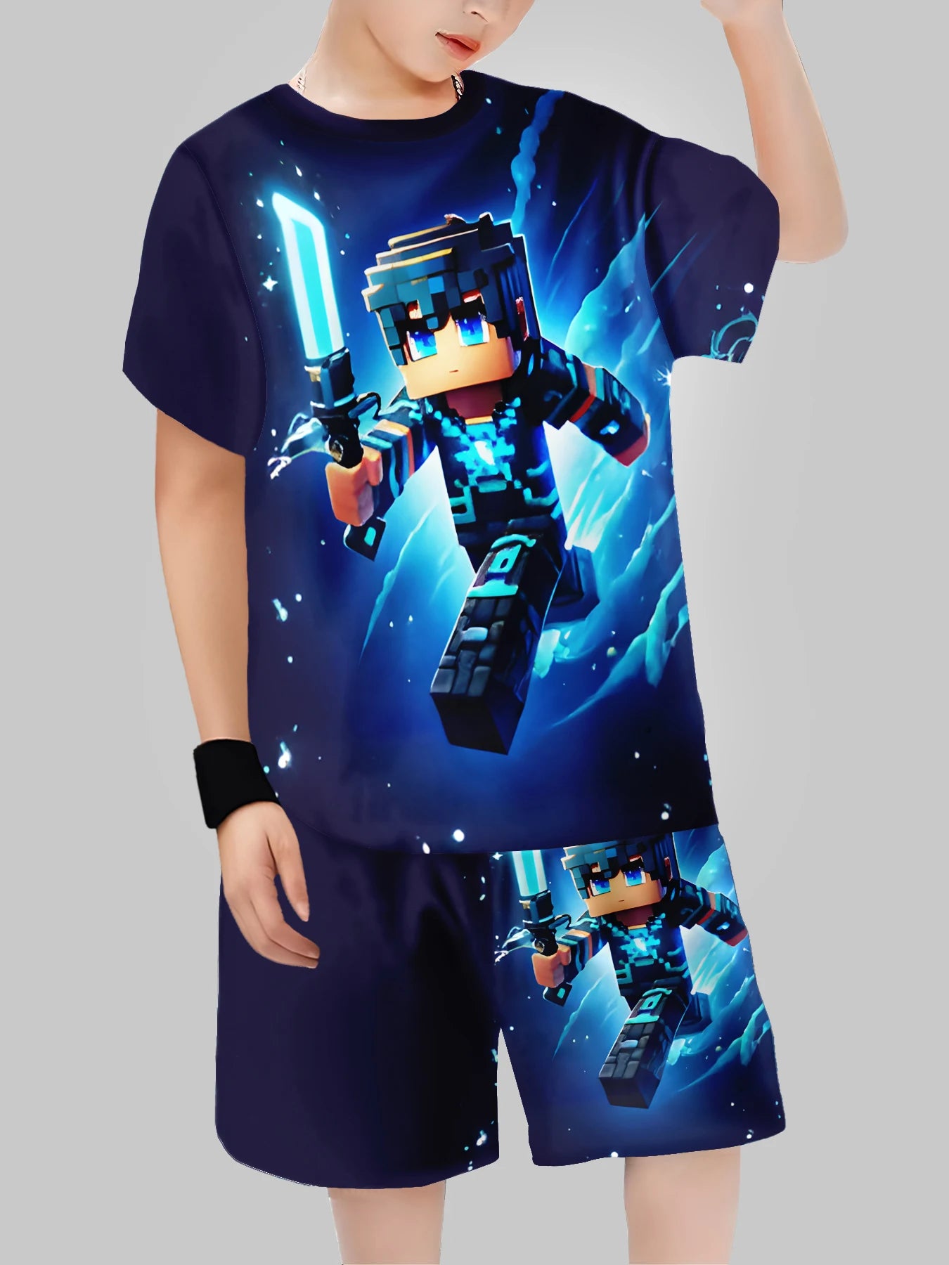 new Block Man Digital Printing Cross Border Children's Clothing Casual Short Sleeved T-shirt Boys' Clothing