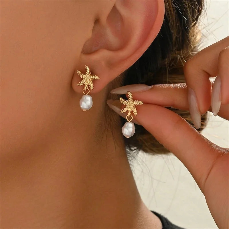 Dainty Starfish Imitation Pearl Gold Color Earrings for Women Mermaidcore Aesthetic Starfish Drop Dangle Summer Vacation Jewelry
