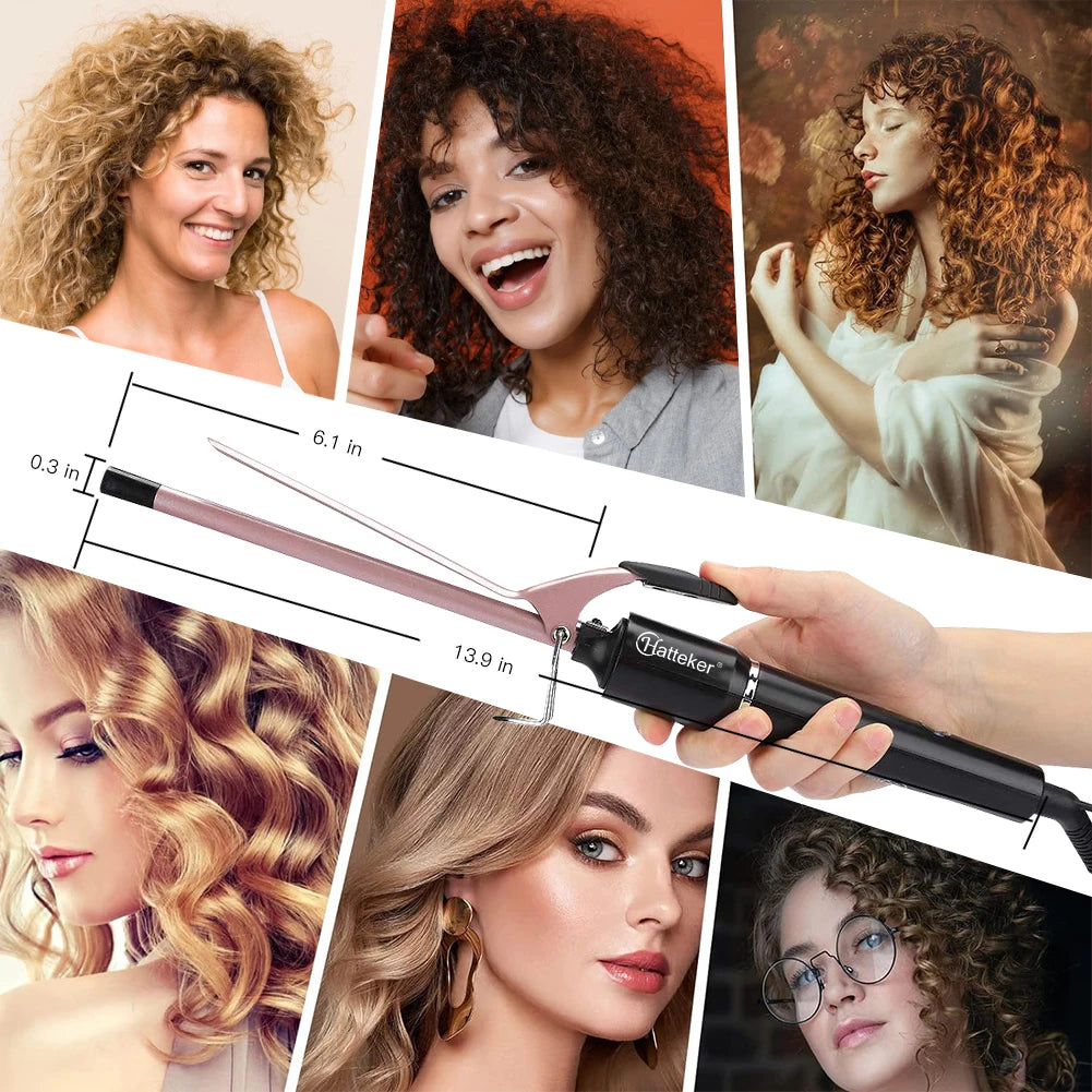 Hatteker 9mm Professional Hair Curler Ceramic Barrel Iron Smart Auto-Off