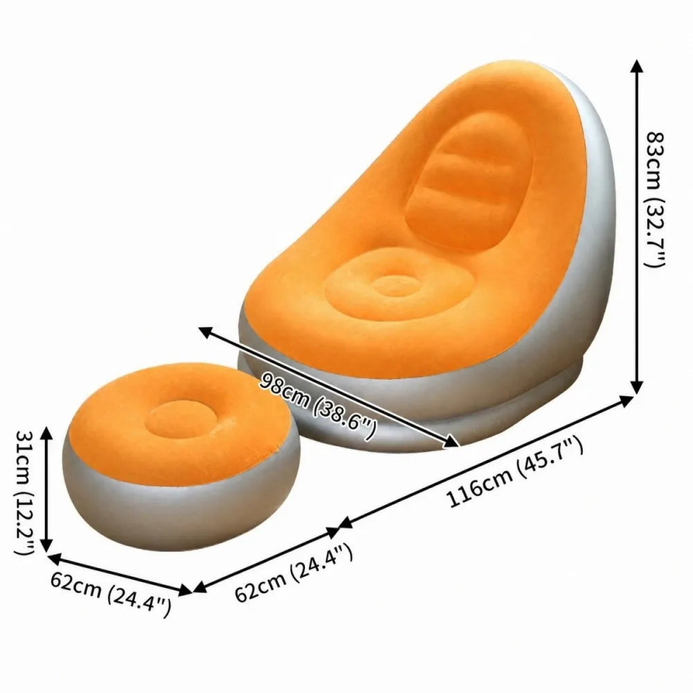 Inflatable Lazy Sofa + Footrest Set, Thickened Flocked Foldable Recliner, Portable Indoor/Outdoor Camping Lounge Chair for Home