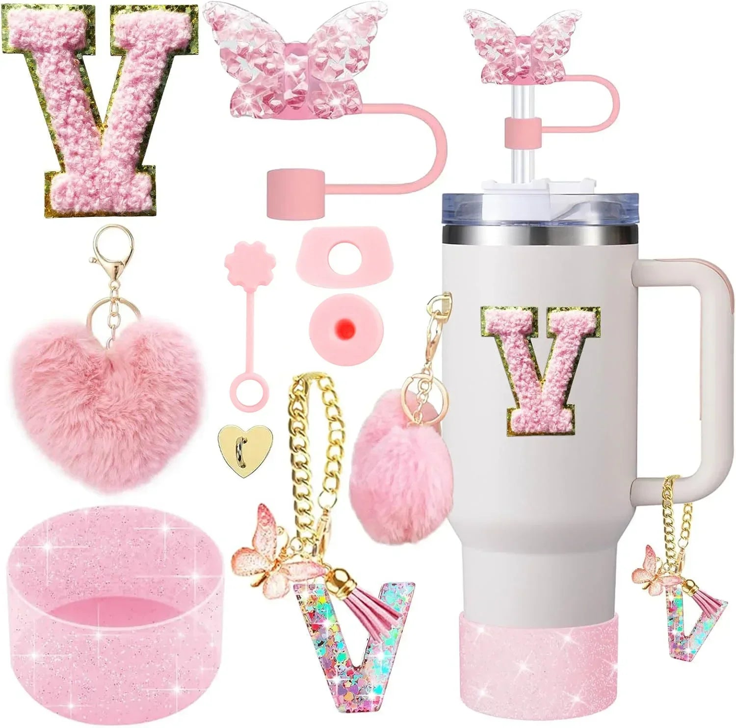 9PCS Accessory Set for Stanley Cup 30oz 40oz Butterfly Straw Cover Cap Silicone Boot Charm Initials Sticker Spill Proof Stopper
