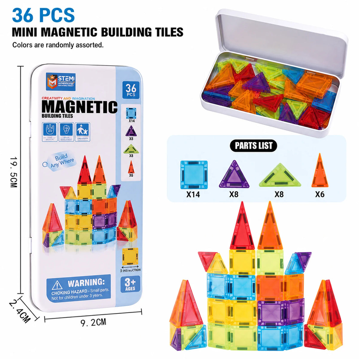 Magnetic Tiles Travel Set Metal Tin Box STEM Building Blocks