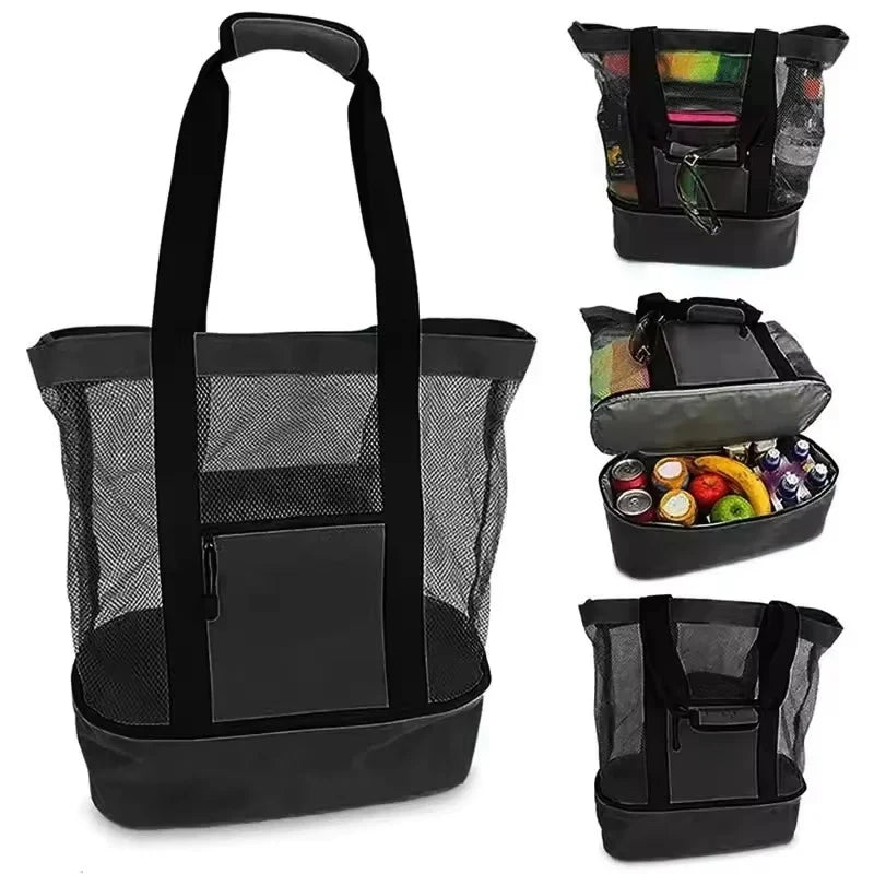 LUSQI Insulated Beach Bag For Women Large Waterproof Tote With Mesh & Transparent Double-Layer For Swimming Picnic Shopping