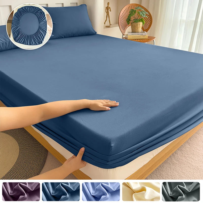 Fitted Bed Sheet with Elastic Band Solid Color Soft Mattress Cover