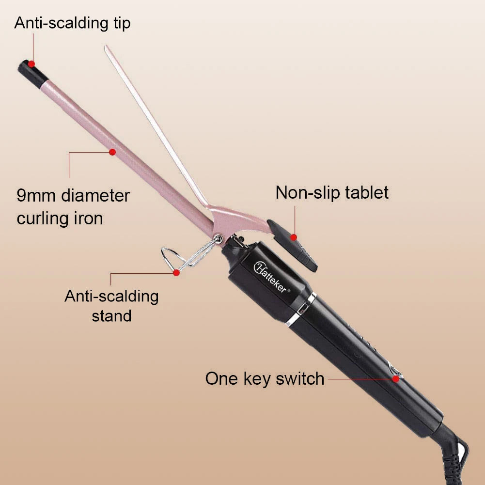 Hatteker 9mm Professional Hair Curler Ceramic Barrel Iron Smart Auto-Off