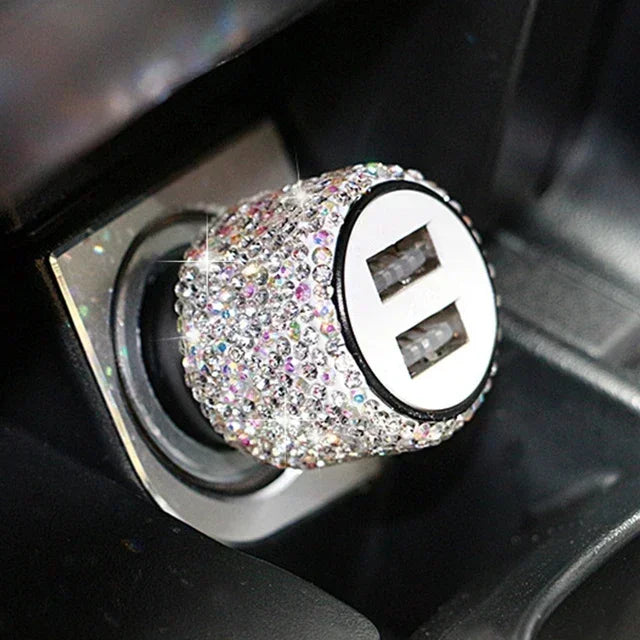 USB Car Charger Pink Crystal Diamond 5V 2.1A Dual Port Fast Charging Adapter 3 in 1 Cable for IPhone Samsung Huawei