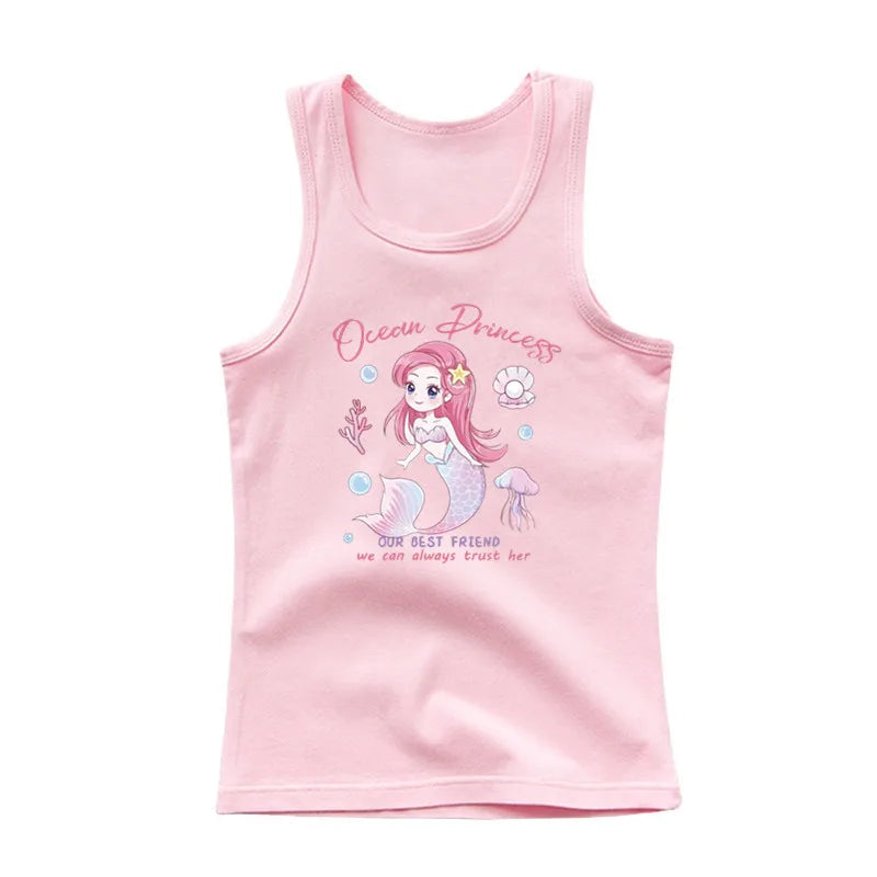 Girls Kawaii Ocean Princess Tanks Kids Sleeveless O-Neck Summer T-Shirt New Catoon Vest Top for Toddler Kids