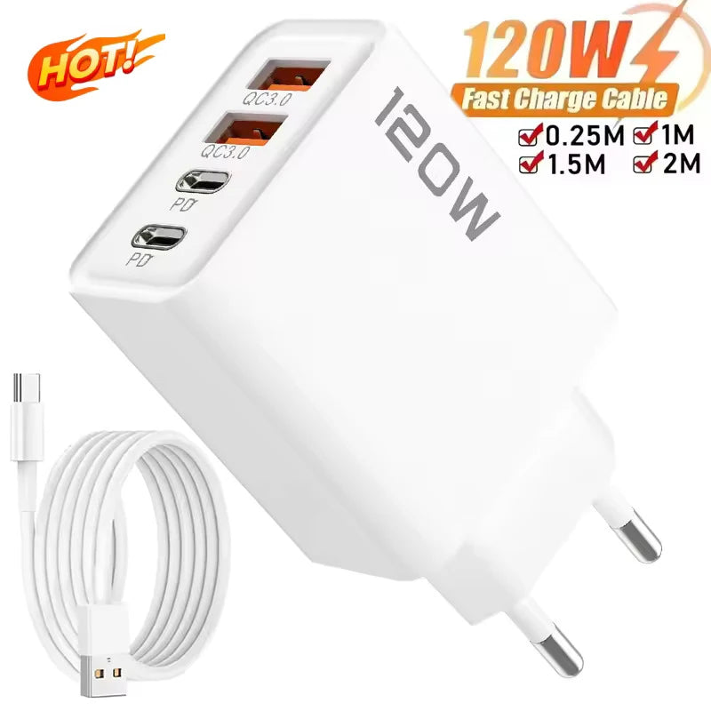 4 Port 120W USB C Fast Charger Data Cable For iPhone Samsung Xiaomi Huawei EU US UK Plug Travel