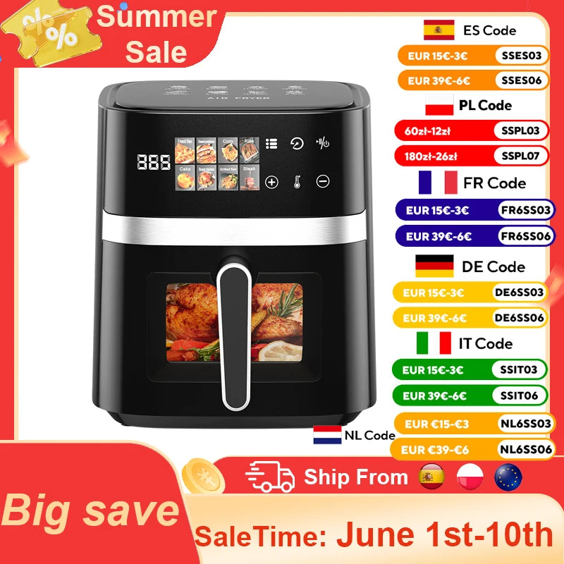 Patbrela 5.5L Air Fryer 8-in-1 Electric Hot Oven with Digital LED Screen Visible Window Max 200°C 1350W New Black Non-fat fryer