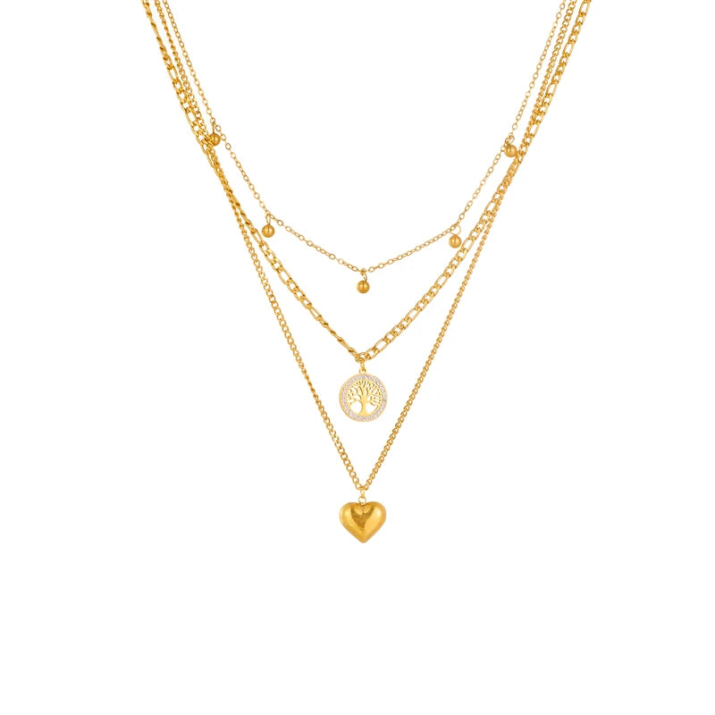 DIEYURO 316L Stainless Steel Gold Color Heart Tree Beads Pendant Necklace For Women Fashion 3in1 Chains Waterproof Girl Jewelry