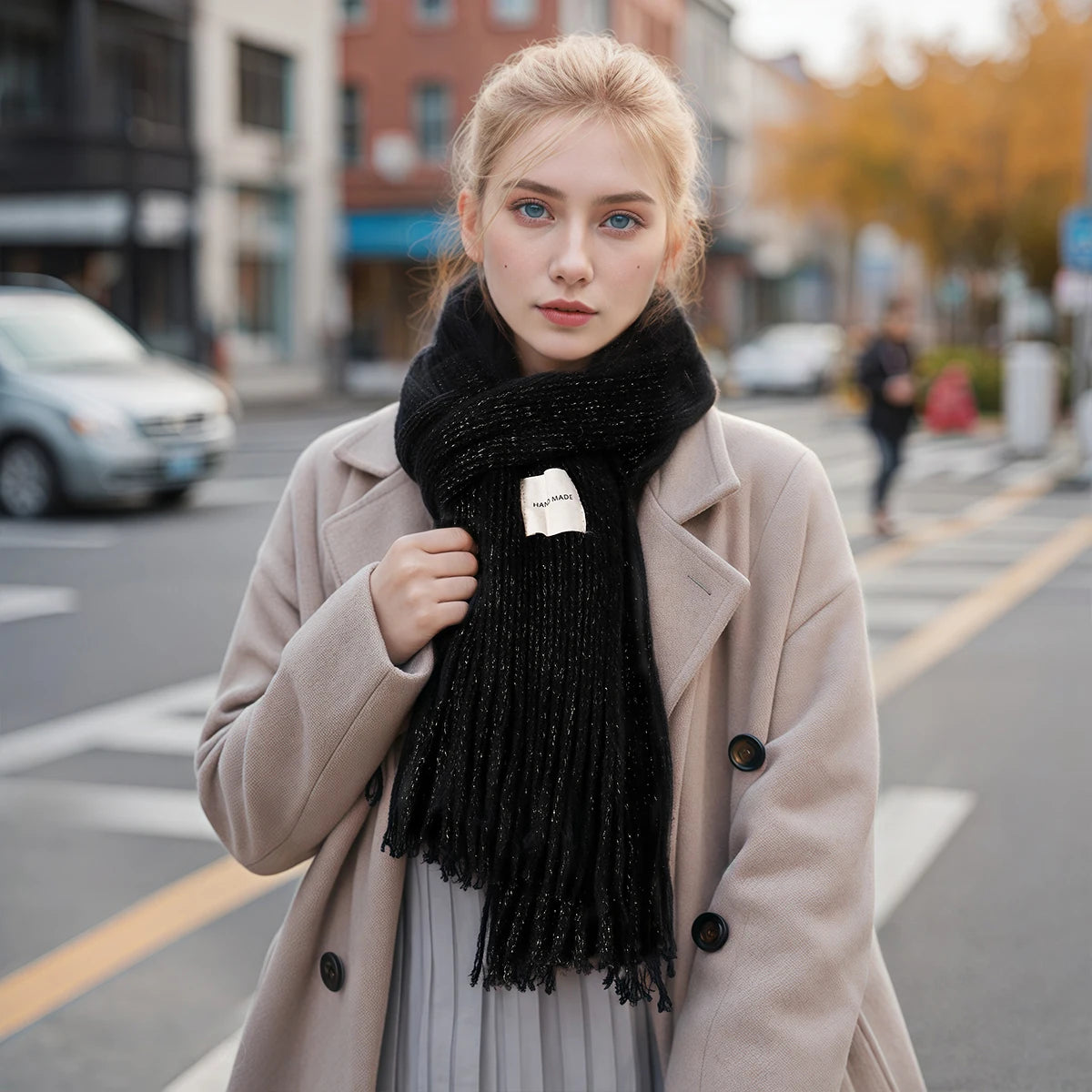 Women Solid Color Knitted Tassel Scarf