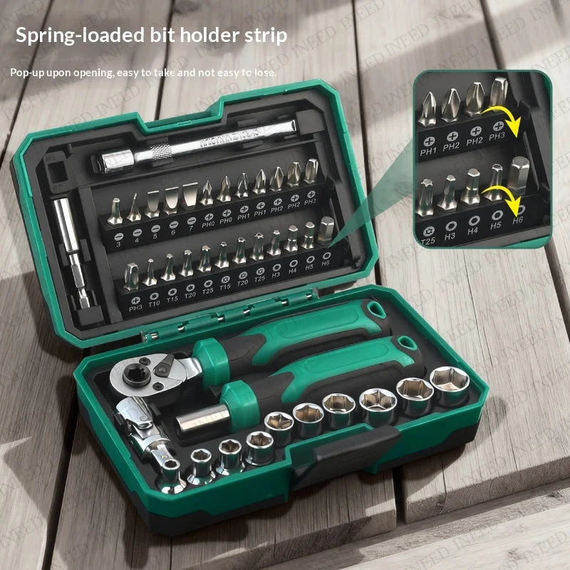 1/4" Drive Quick-Release 40 in 1 Ratchet Socket Bit Set Cr-V Steel Phillips/Slotted Screwdrivers for Repair & Hand Tools