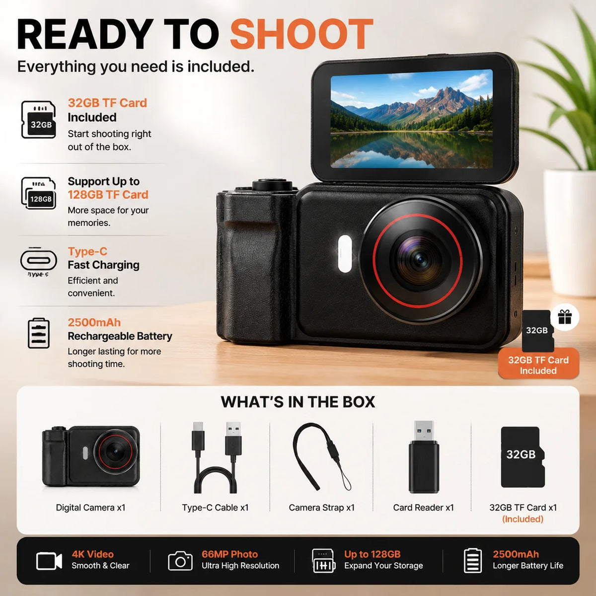 4K Digital Camera for Photography & Vlogging, 66MP Autofocus Camera with 180° Flip Screen, 10X Digital Zoom, 32GB TF Card Included, Type-C Rechargeable Compact Camera for Beginners, Travel & Everyday Use