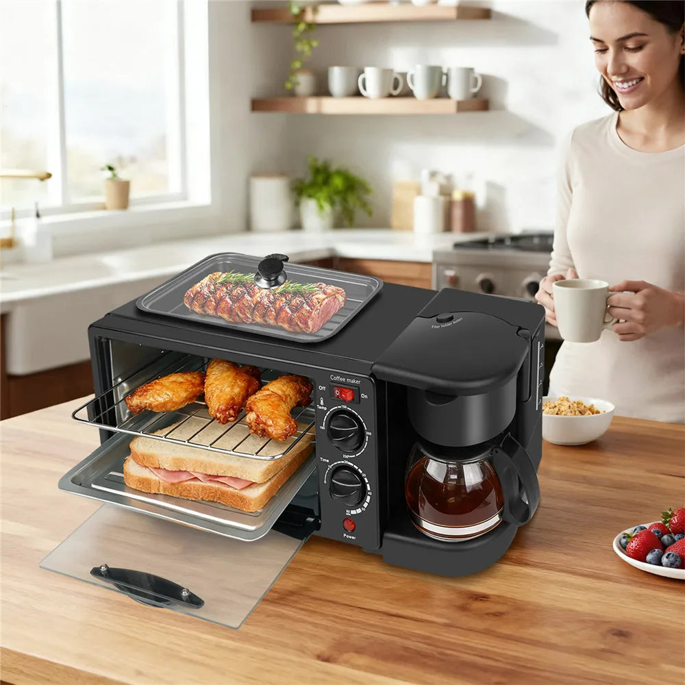 Multifunctional Breakfast Machine 3 in 1 Breakfast Maker Coffee Machine, Breakfast Station with 600 ml Coffee Maker +9 L Oven +Frying Pan, Toasters Breakfast Maker for Home Office
