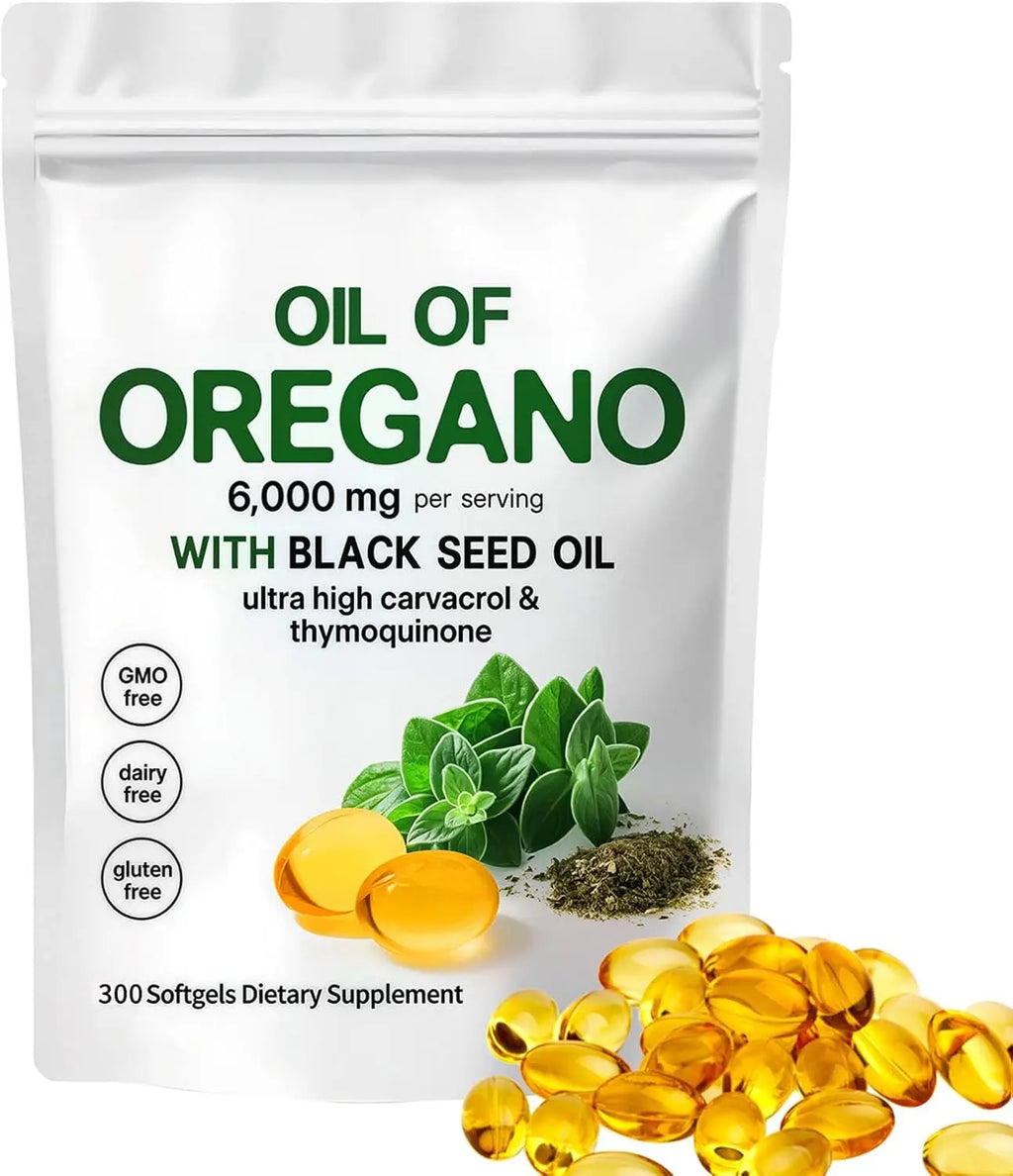 Oregano Oil with Black Seed Oil, 2-in-1 Organic Oregano Oil Capsules, 6000mg per serving, 300 softgels