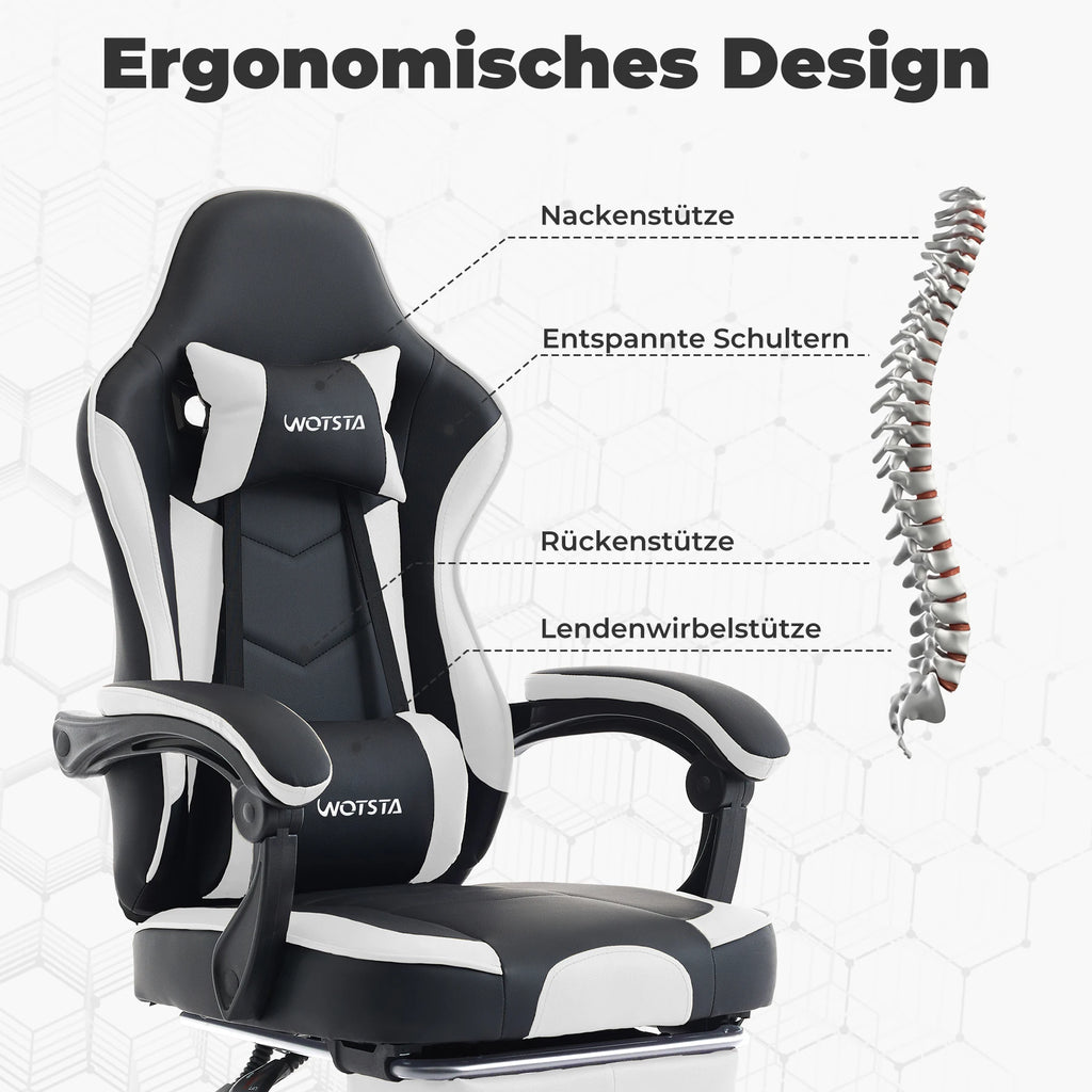 WOTSTA Gaming Chair with Footrest Gamer Chairs Ergonomic with Lumbar Cushion Headrest Chair Height Adjustable Computer Chair