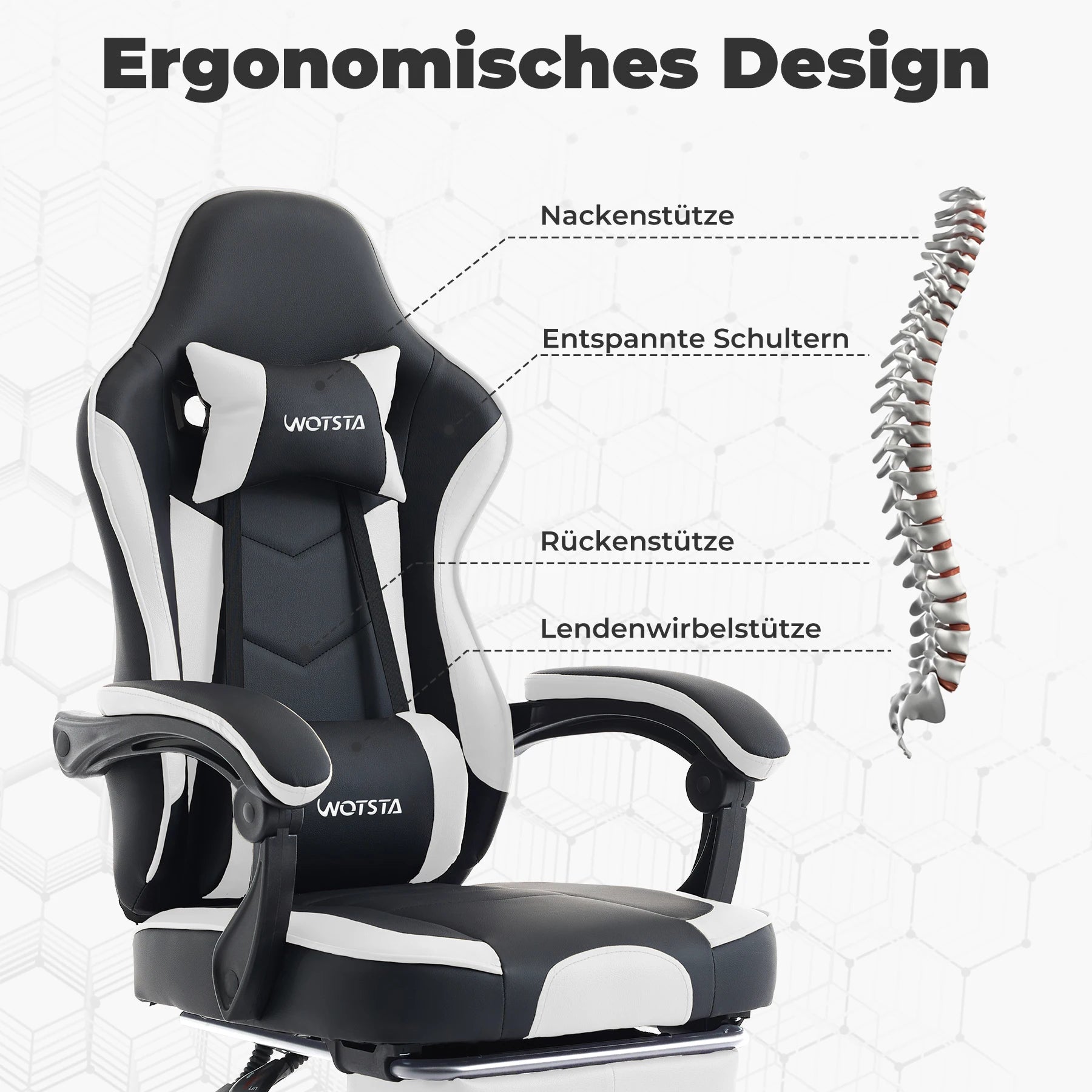 WOTSTA Gaming Chair with Footrest Gamer Chairs Ergonomic with Lumbar Cushion Headrest Chair Height Adjustable Computer Chair