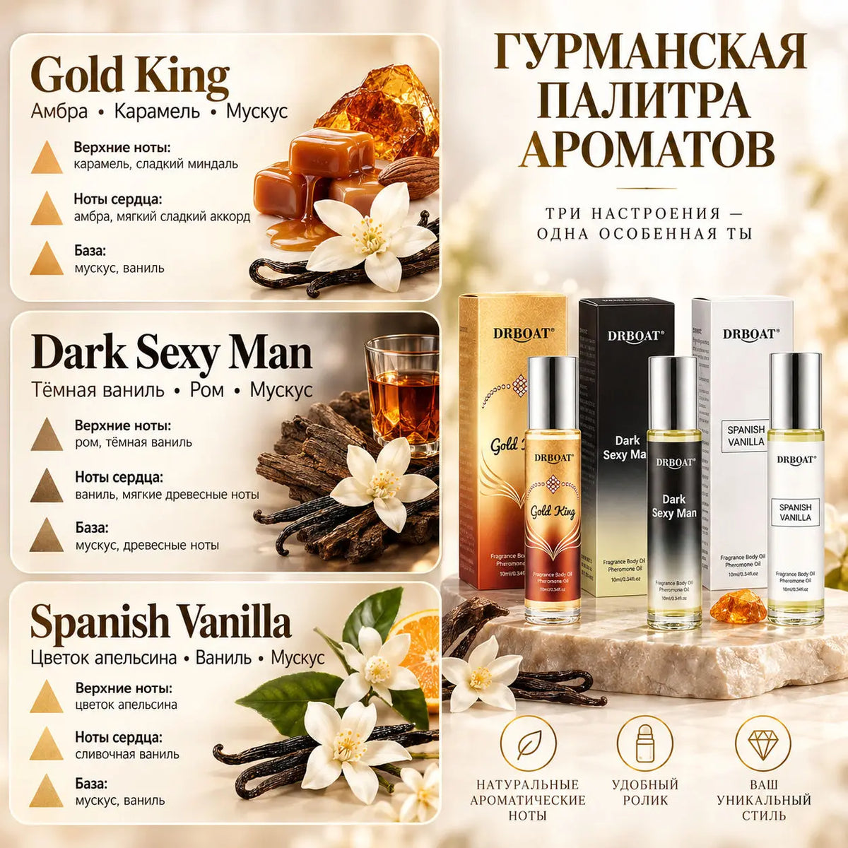 Men Roll On Pheromone Perfume Oil 3 Gourmand Scents Vanilla Amber