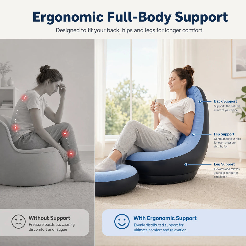 2 IN 1 Inflatable Sofa with Stool Soft Flocking Ergonomic Lounge Chair Fast Inflation Foldable Portable Waterproof PVC Sofa