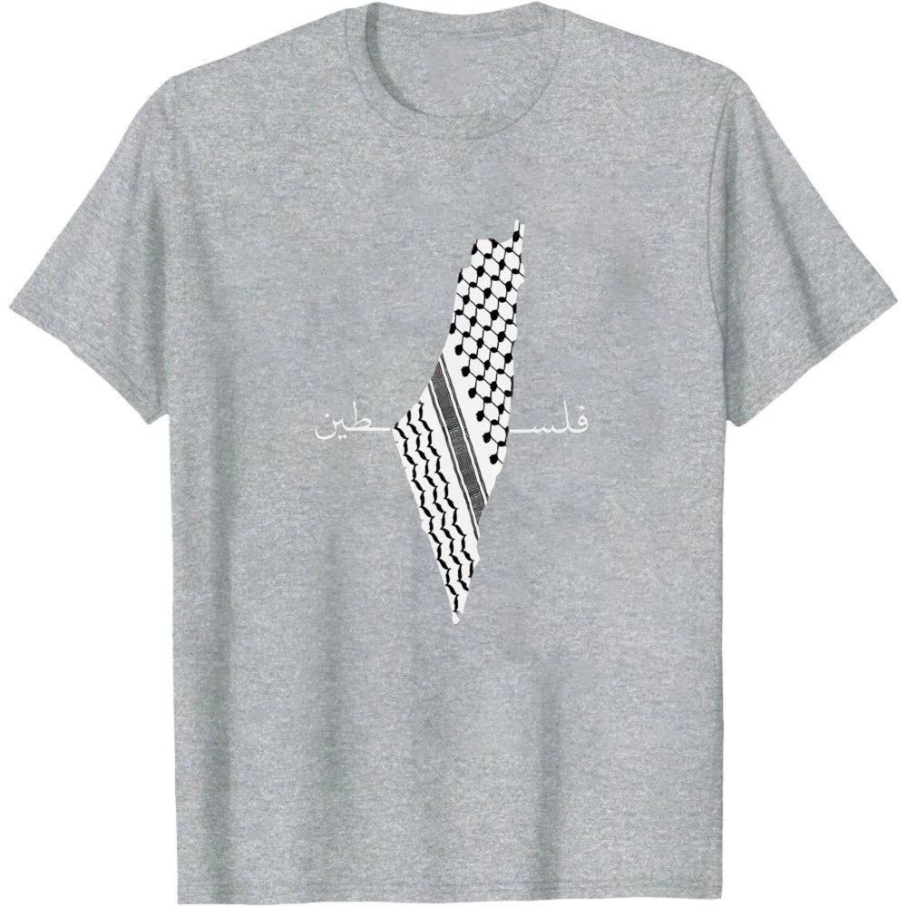 Palestine Keffiyeh Map Arabic Calligraphy Print Cotton T Shirt Men Heritage Patriotic Casual Graphic Tees Summer Men Clothing