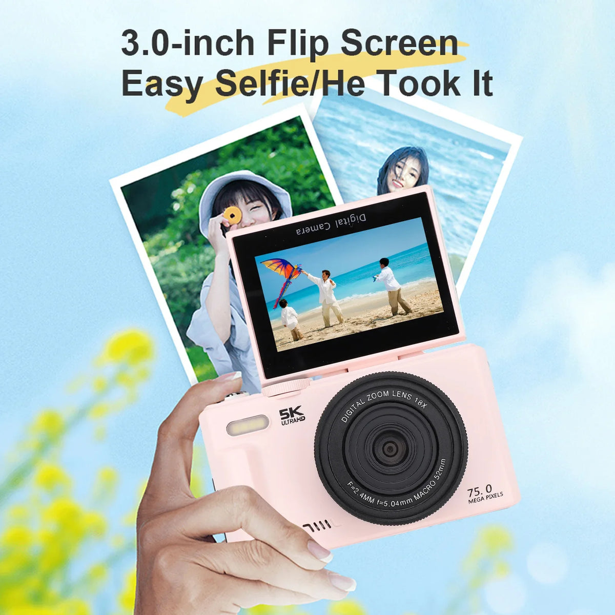 5K 75MP Digital Camera Travel Camera Built in Flash 180°Flip Screen for Photography 18X Digital Zoom Vintage Vlog Video Recorder