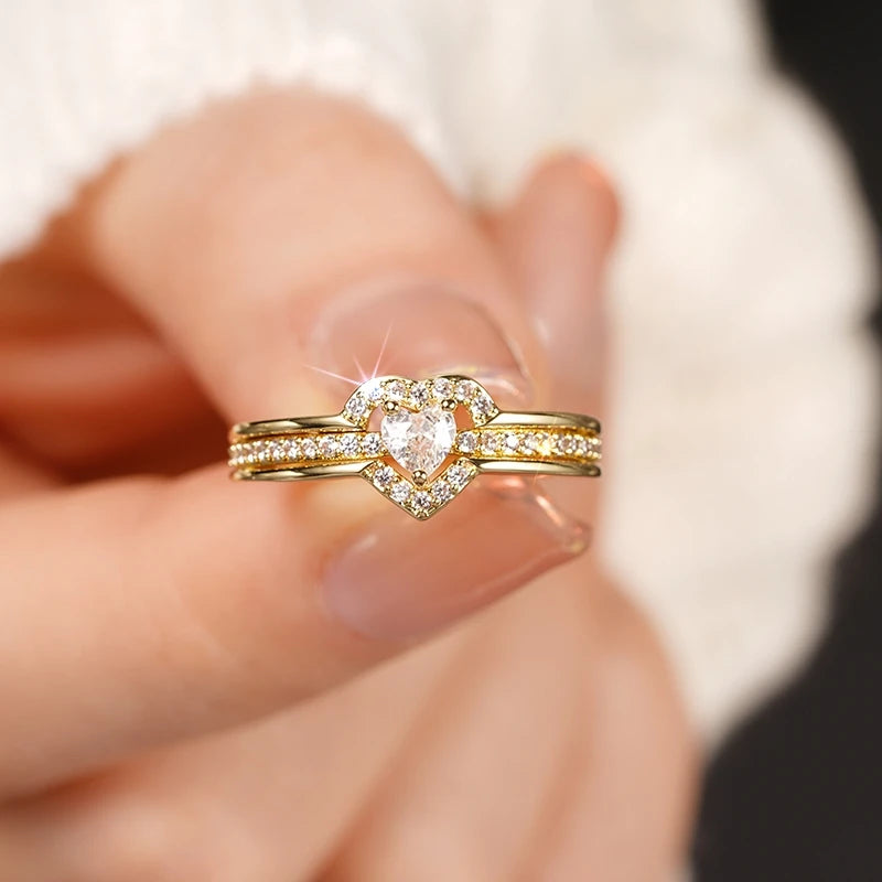 Huitan Romantic Wedding Band Ring Female Love Jewelry Brilliant Heart Zirconia Finger Accessories for Engagement Exquisite Gift