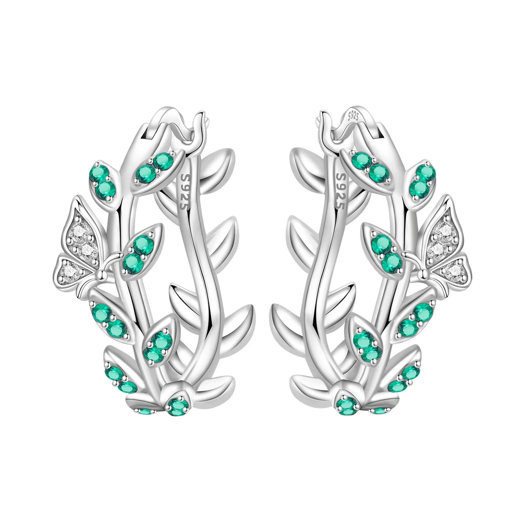 S925 Sterling Silver Leaf Hoop Earrings, Natural Plant Design