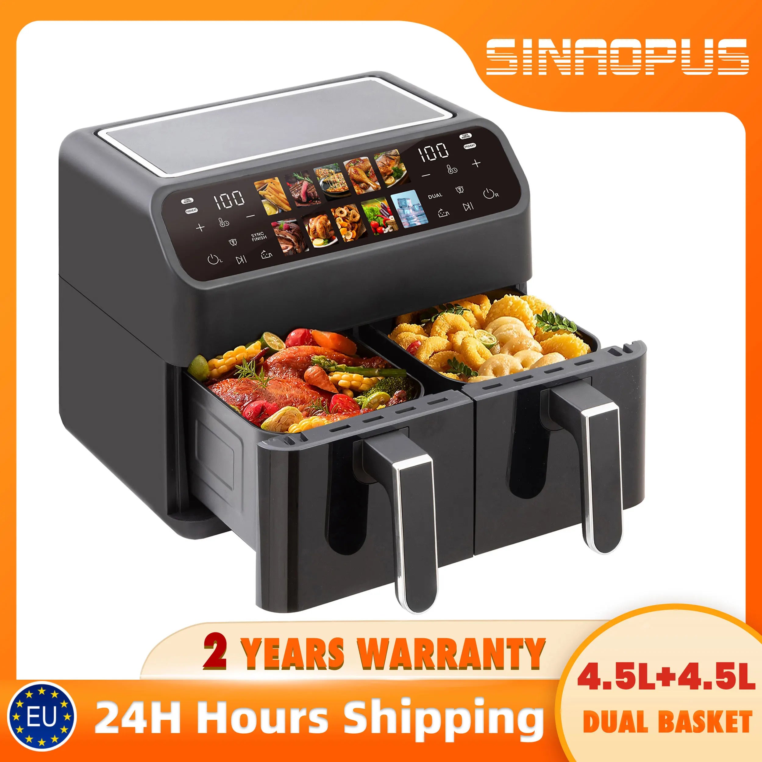 Sinaopus Hot Air Fryers 9L Dual Basket – Oilless Cooker with LED Touch Control & Visible Window, Family Smart Air Fryer Oven Machine, Large Capacity for Home Use