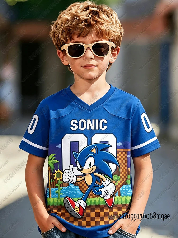 Cartoon Sonic Print Football Jerseys For Adult/Kids Summer V-neck Sports Tshirts Sonic Cosplay Clothing Kids Football Shirts