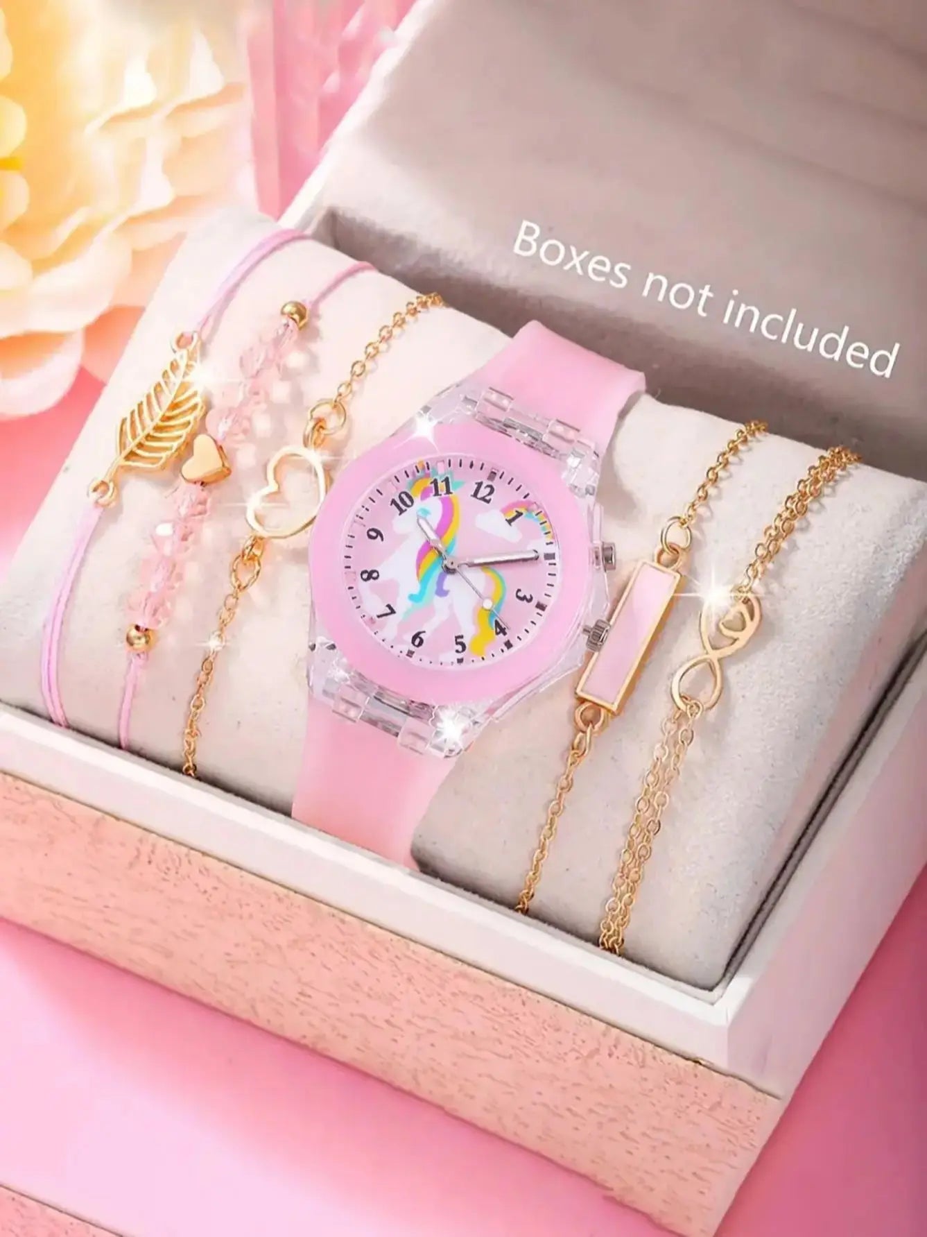 Children's wristwatch set featuring unicorn silicone quartz watch and feather bracelet, emits light, does not include the box