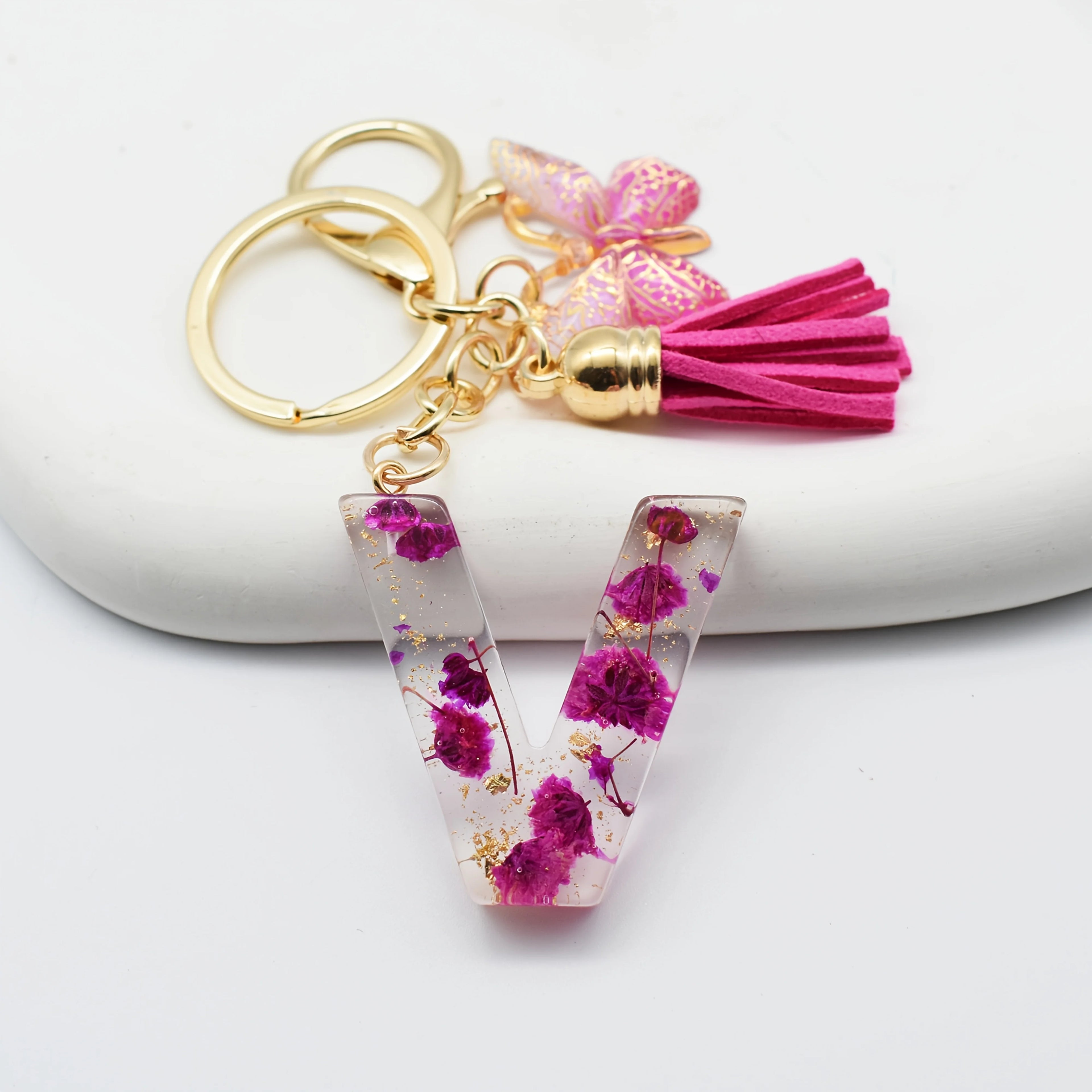 1PC Fashion Easter Alphabet Keychain - Dried Flower Resin Charm, A-Z Initial Pendant Butterfly Tassel, Non-Woven ABS Gift