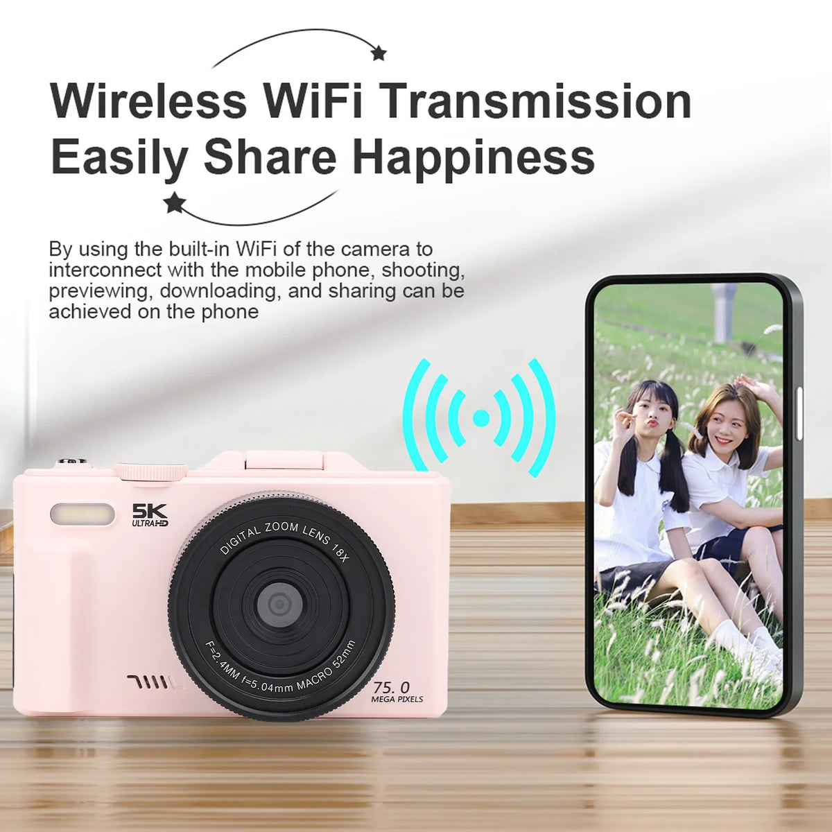 5K 75MP Digital Camera Travel Camera Built in Flash 180°Flip Screen for Photography 18X Digital Zoom Vintage Vlog Video Recorder