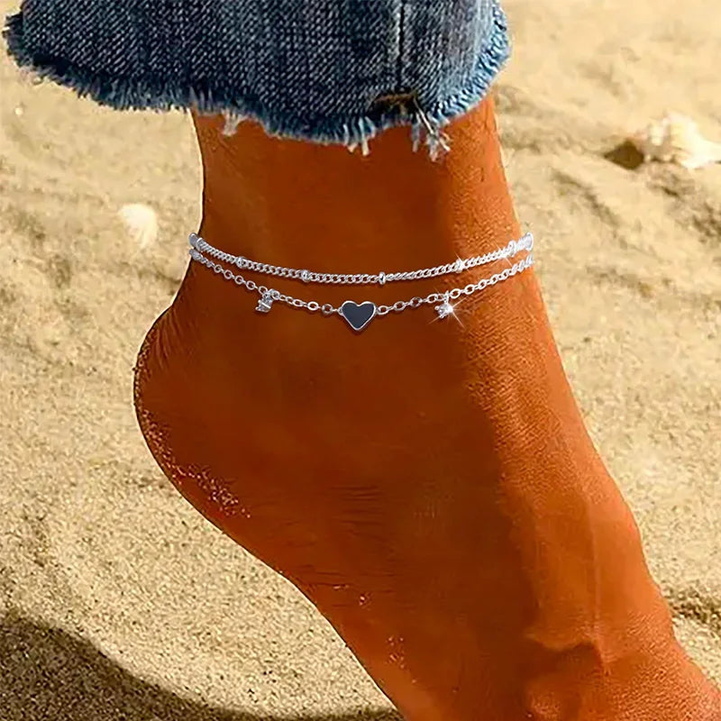 925 Silver Plated Lucky Clover CZ Anklets Waterproof Heart Charm