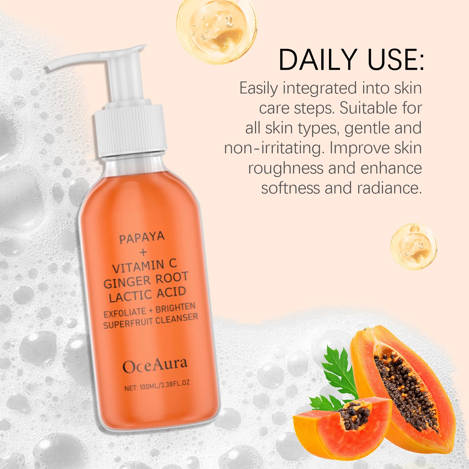 Papaya & Vitamin C Face Wash Gentle Exfoliating Brightening & Even Skin Tone Moisturizing Facial Cleanser for Soft Smooth Skin
