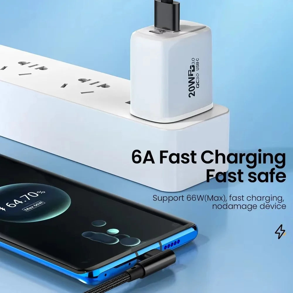 6A 66W 90 Degree Elbow USB A TO USB C Cable Fast Charging