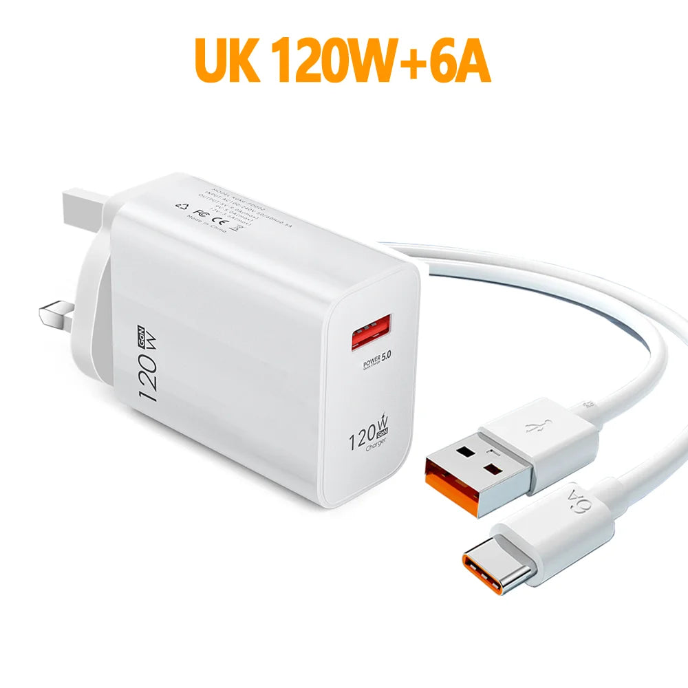 120W USB Fast Charging Charger Type C Cable Quick Charge Phone Adapter for Xiaomi 14 Redmi Oneplus Huawei Samsung Wall Charger