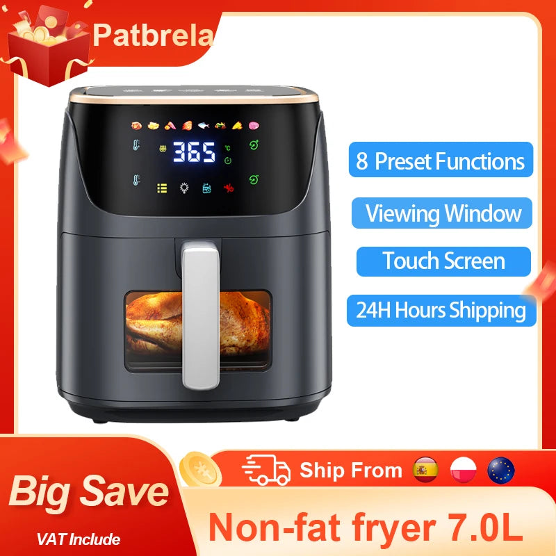 Patbrela 7L Air Fryer with Visible Window, Airfryer 1500W Low Oil & Fat Free, Max 200°C, Digital Touchscreen, Non-Stick Dishwasher Safe Basket