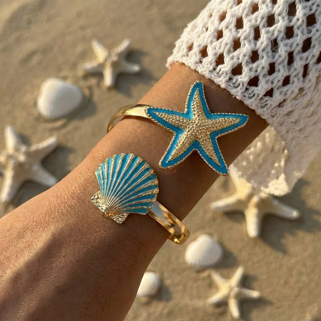 Elegant Enamel Flower Open Cuff Bracelet For Women Gold Plated Metal Pink White Blue Floral Bangles Beach Party Vacation Jewelry