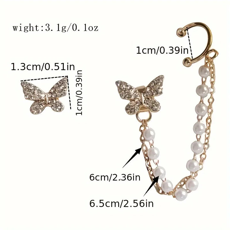 Aesthetic Gold Color Zircon Butterfly Chain Earrings Dainty Double Layer Pearl