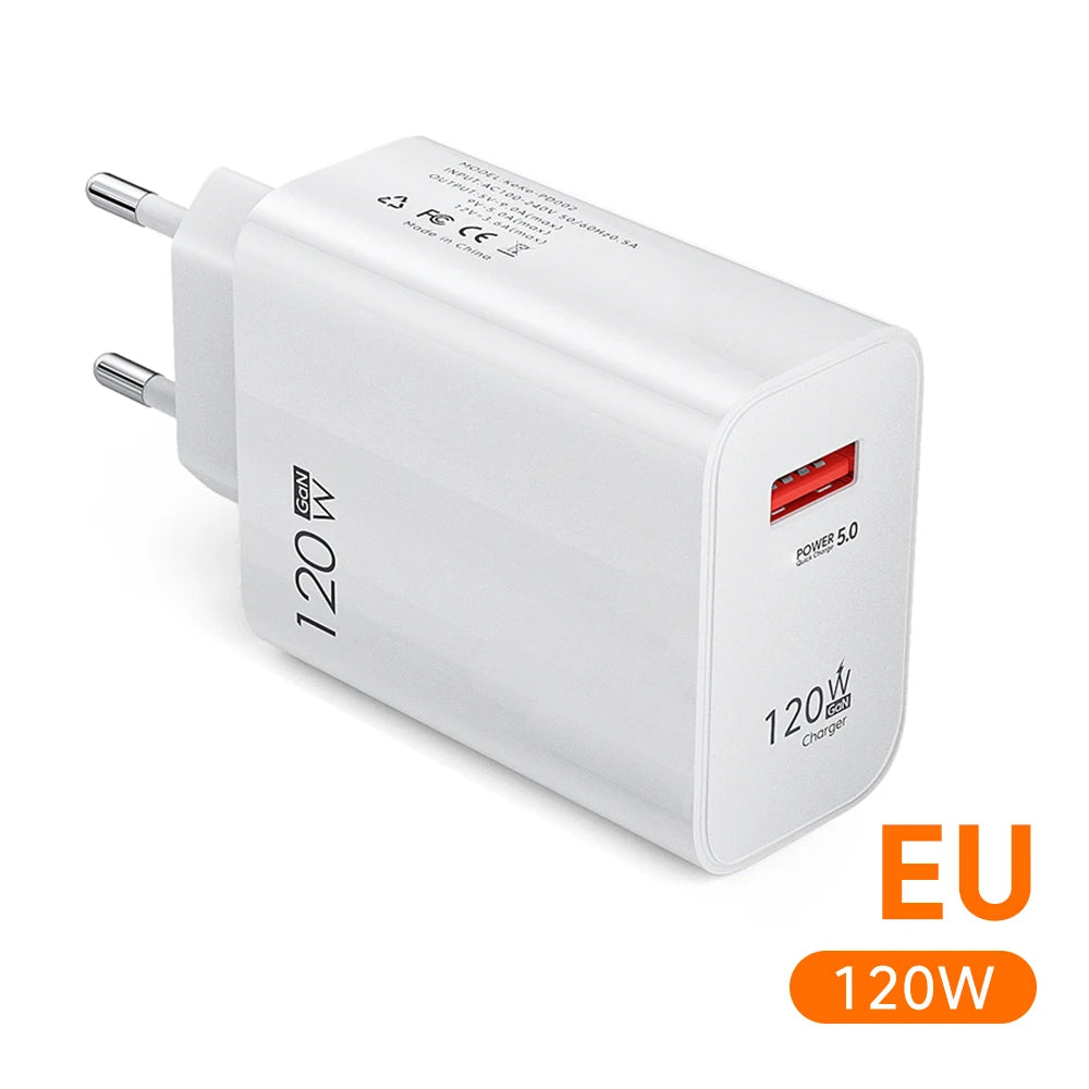 120W USB Fast Charging Charger Type C Cable Quick Charge Phone Adapter for Xiaomi 14 Redmi Oneplus Huawei Samsung Wall Charger