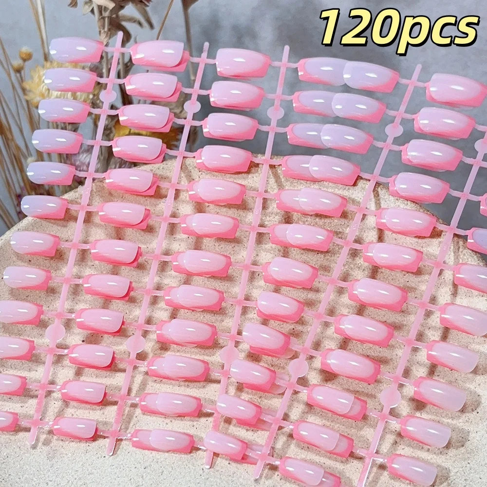 120pcs French Glossy Color Block Acrylic False Nails Spring & Summer Nude Tones Press-On Nails Full Cover Square Shape Nail Tips