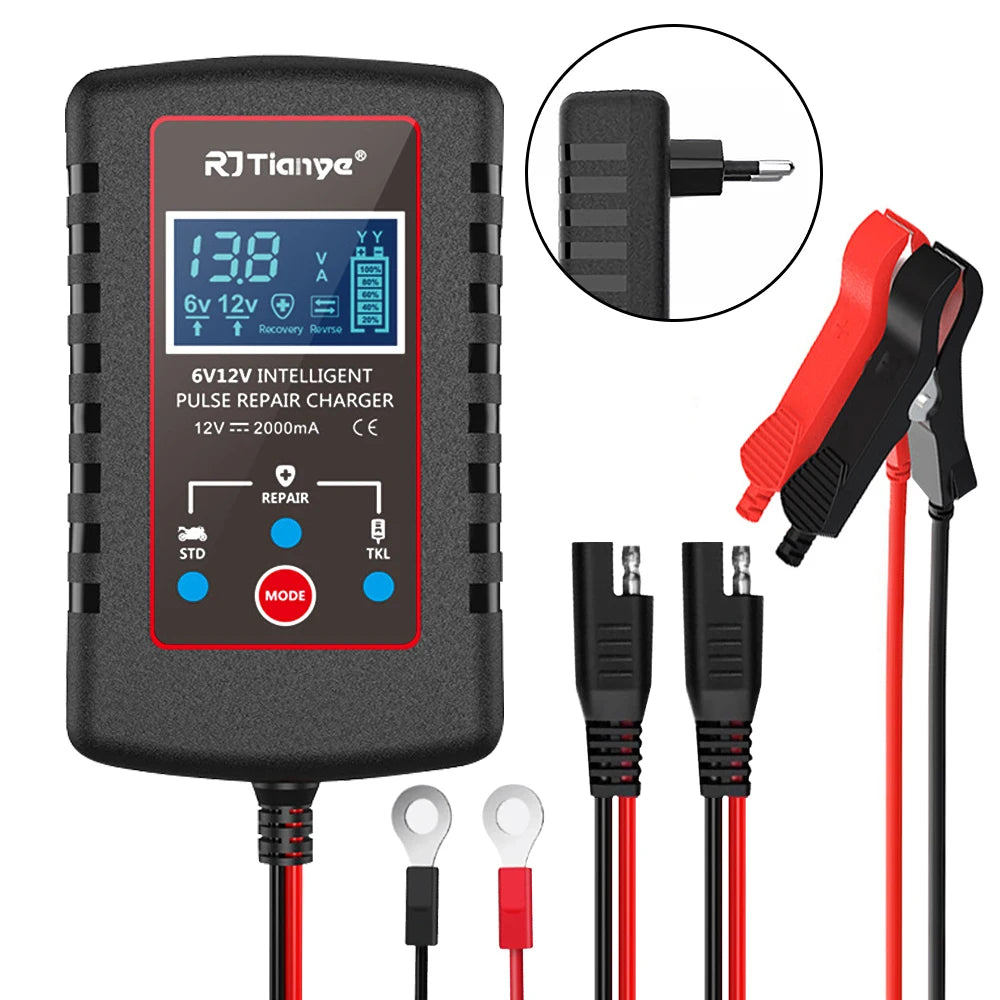 Car Automatic Float Charger Smart Battery Charger ASE Adapter Cable 6V 12V Switch Multiple Protections For Motorcycle Lawn Mower