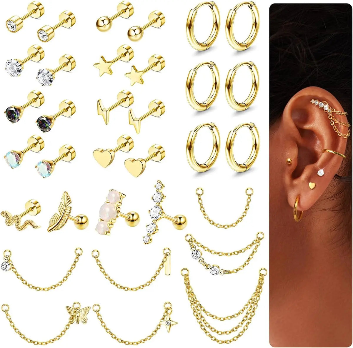 33Pcs 20G Cartilage Earrings Set for Women Men Surgical Steel Earrings