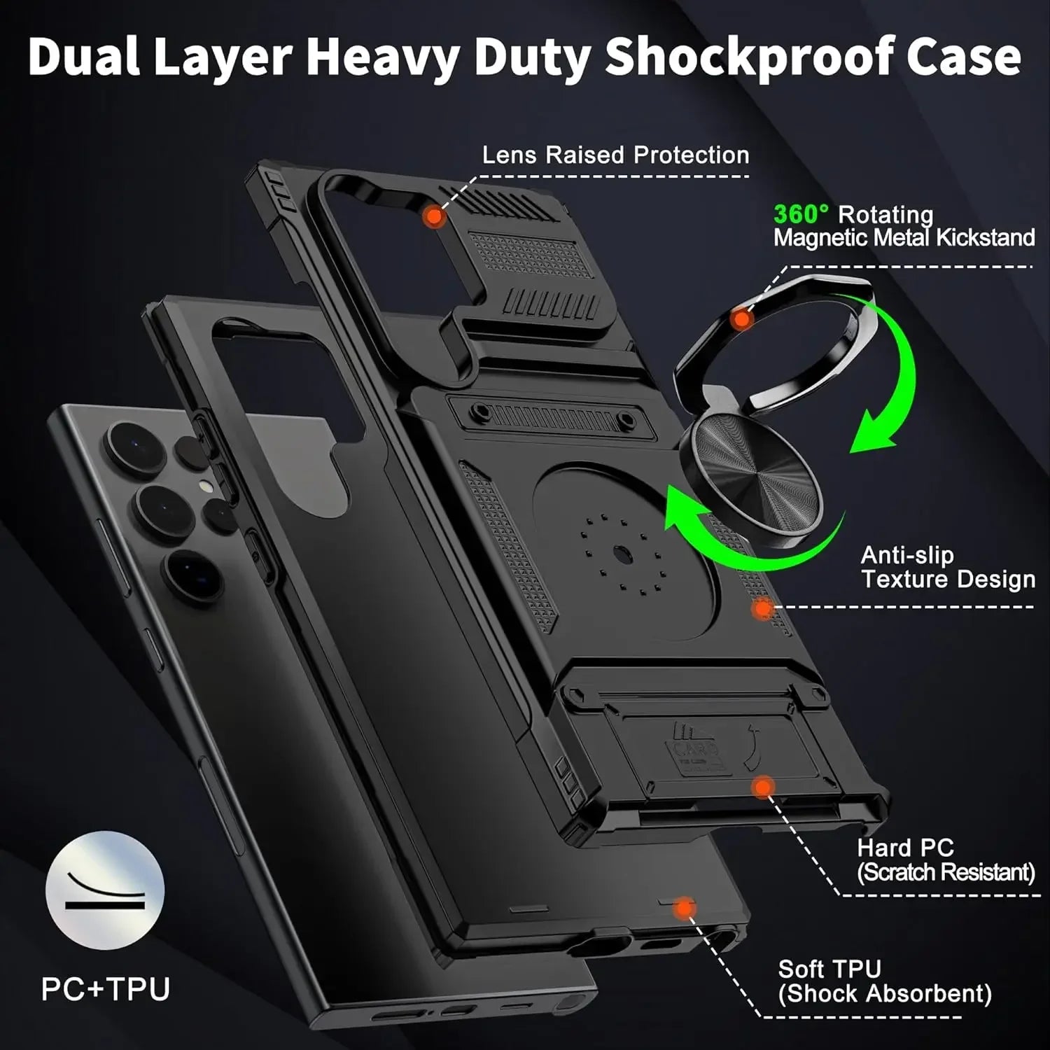 Case For Samsung Galaxy S26 Ultra S25 Plus S24 A56 A36 A55 Card Holder Rotated Ring Kickstand Layer Heavy Shockproof Wallet Case